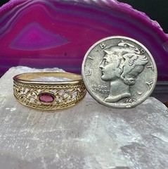 Garnet Filigree Band Ring Vintage 14K Yellow Gold Size 7.5
