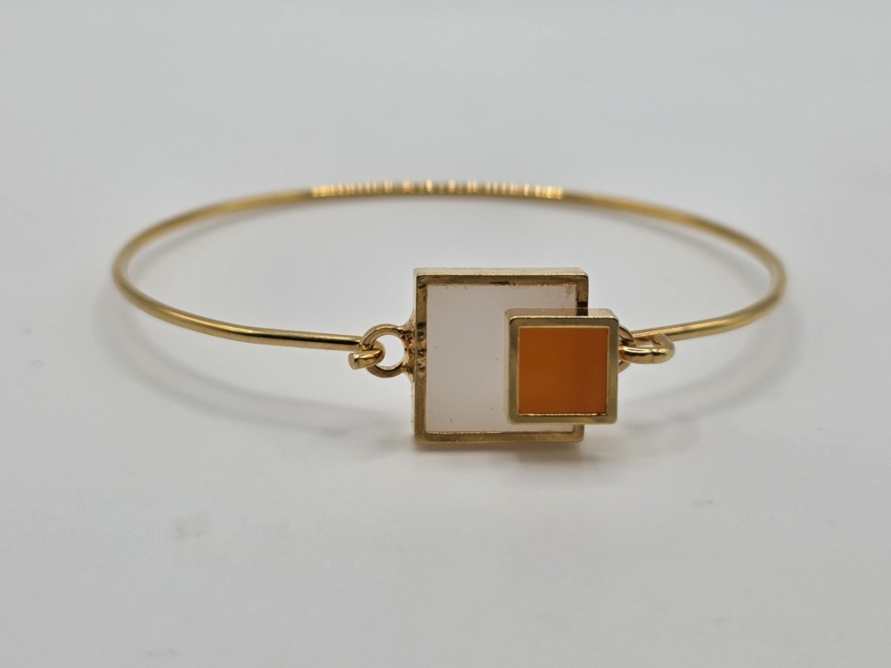 Vintage Acrylic Gold Tone Orange And Ivory Sqaures Modern Bracelet