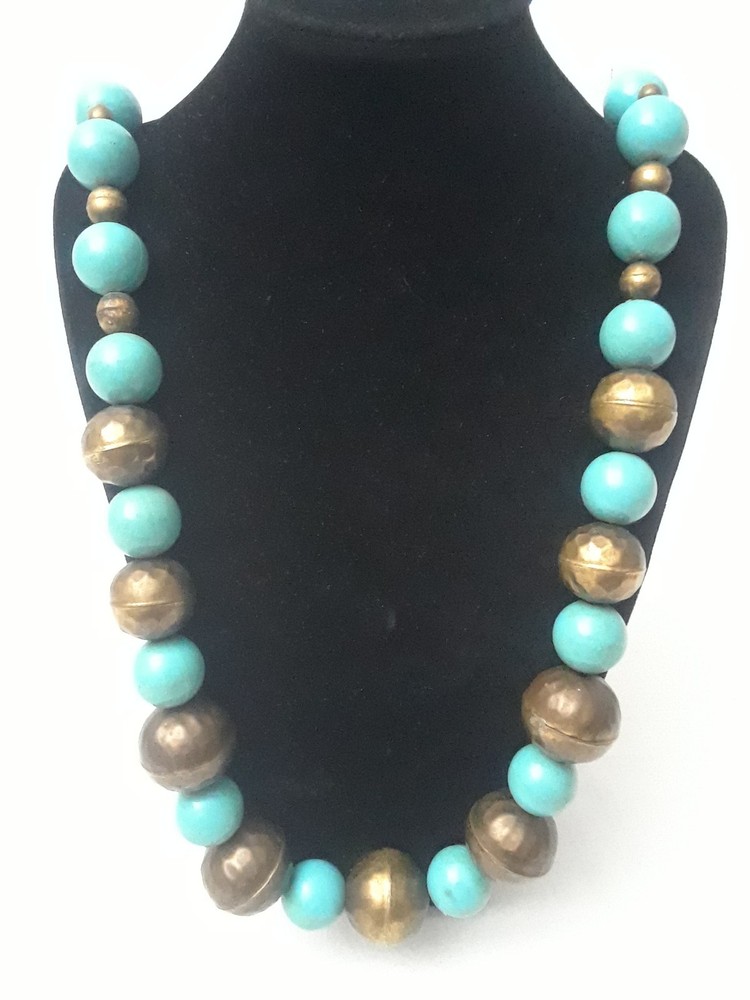 Vintage Faux Turquoise & Silver Beaded Bohemian Boho Necklace 30 in