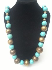 Vintage Faux Turquoise & Silver Beaded Bohemian Boho Necklace 30 in