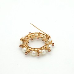 Vintage 1950’s 14K Yellow Gold Pearl & Natural Ruby Wreath Brooch-1.5” Diameter