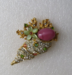 Vintage Large Pave Rhinestone Inset Glass Pink Cabochon Figural Seashell Brooch
