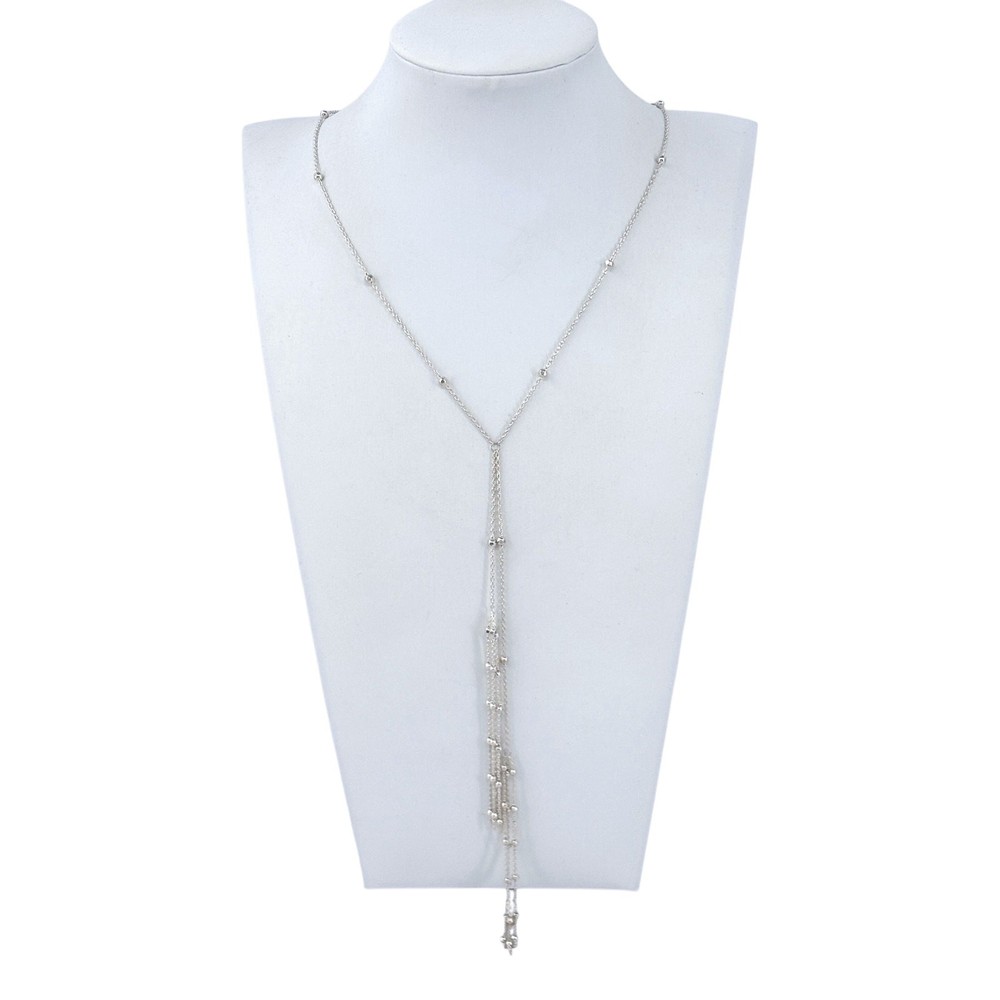 Beaded Y Lariat Necklace | Long Drop Station Chain | Sterling Silver 925 24”