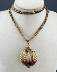 Vintage Ball Necklace Perforated Sphere Pendant Multi Strand Chain Gold Tone 23”