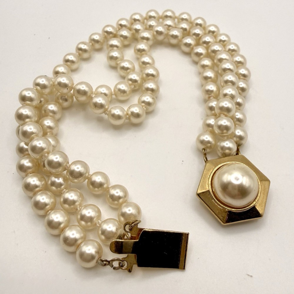 Vintage Triple Strand Faux Pearl Bracelet Gold Tone with Hexagon Pearl Clasp