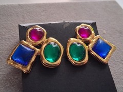 1980s bold runway earrings, glass cabochon trio, geometric, asymmetrical