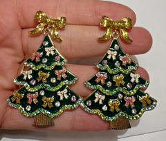 NWT Sugarfix Huge Christmas Tree Enamel Bow Rhinestones Dangle Stud Earrings