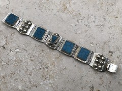 ✨🏜️VTG STAMPED TAXCO STERLING SILVER Turquoise Panel STATEMENT Bracelet Estate