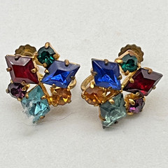 Vintage Germany Multicolor Screwback Earrings Colorful Glass Rhinestones .75″