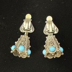 Vintage Turquoise Silver Tone Dangle Bell Heart Clip On Earrings