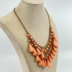 Vintage Retro Peach Teardrop Bib Necklace Antique Gold Tone Statement Jewelry