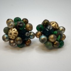 W. Germany Green Beads Glass Acrylic Earrings Clip on Closure Gold Tone Vintage,