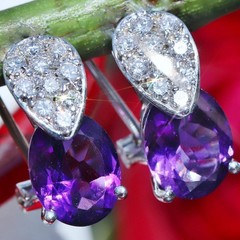 14k white gold 3.10ct amethyst diamond omega back earrings handmade 3.85gr