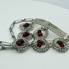Vintage Y2K Silver Tone Red Glass Bead Slave Bracelet Ring Hand Chain Set Retro