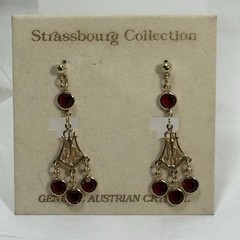 NOS Red Bezel Austrian Crystal Chandelier Earrings Pierced Post Dangle VTG 2.25″