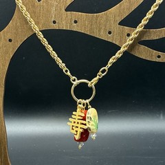 Custom Vintage Charm Trio, Vtg Gold Plated Chain Necklace, Coral, Chinese Symbol