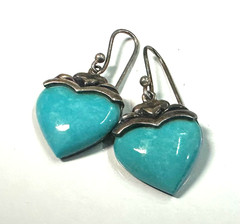 Heart Dangle Earrings Blue Stone Inlay Thailand Vintage Sterling Silver 925 #9