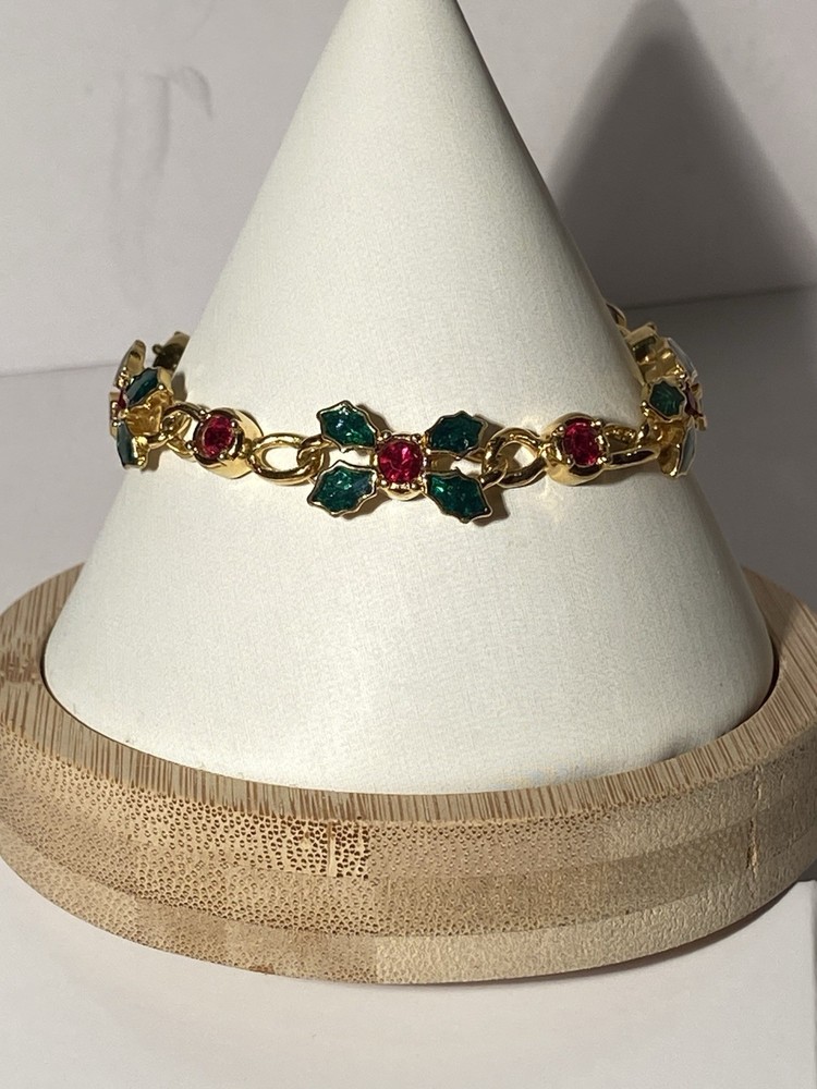 Vintage Avon 1995 Christmas Holiday Sparkle Gold Tone Bracelet Holly Berry Links