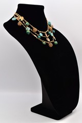 Vintage Beaded Multi-Strand Leaf Charm Necklace Collar Gold Turquoise 70s BinBN