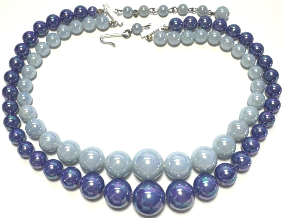 Vintage Necklace SIGNED JAPAN Blue Iridescent Beaded Bib Choker Peacock Beaded 9