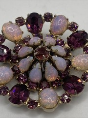 Vintage Signed WIESNER Faux Pink Fire Opal Purple Rhinestone Brooch Pendant