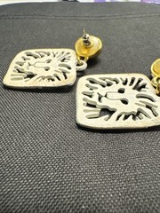 Anne Klein Earrings Gold White Square Lion Head Logo Pierced Dangle Vintage