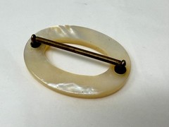 Antique Victorian Era Brass Oval Mother Of Pearl Shell Buckle or Scarf Slide