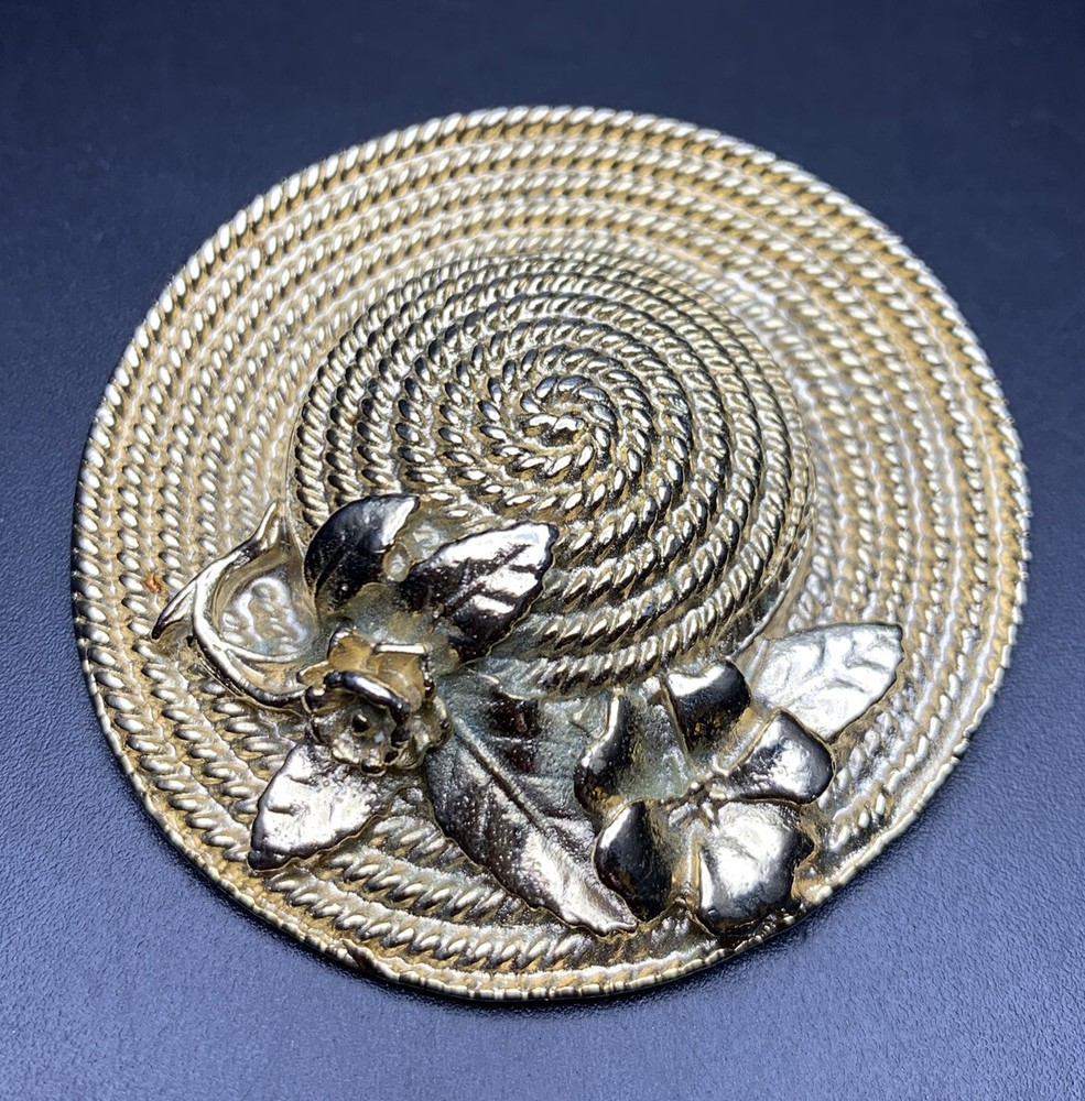 Sun Hat Brooch Pin Floral Flower Gold Tone Summer Wide Brim Vintage