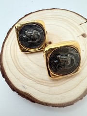 Vintage Costume Fashion Jewlery Gold tone faux Roman Coin Clip-on Earrings