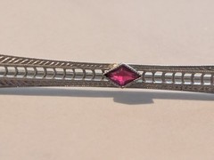 Antique Deco Era French Belais Filagree Ruby Bar Pin Brooch In 10K White Gold