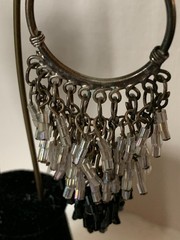 Vintage Black & Silver Beaded Mesh Dangling Circle Womans Earrings French wire