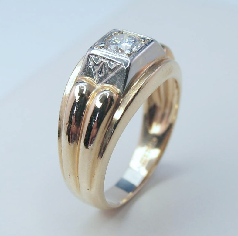 Vintage Art Deco 14k Multicolor Gold Man’s Solitaire .31ct Diamond Ring Size 7+
