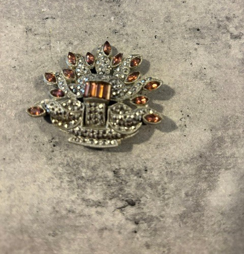 Vintage Silver Tone with Brown Rhinestone Brooch