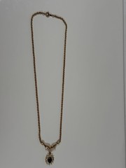 Roman Gold Tone Fancy Blue White Rhinestone Pendant 17.5” Necklace VTG