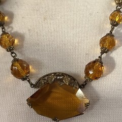 Vintage Czech Large Topaz Amber Faceted Crystal Bead Necklace Clip Earrings Set