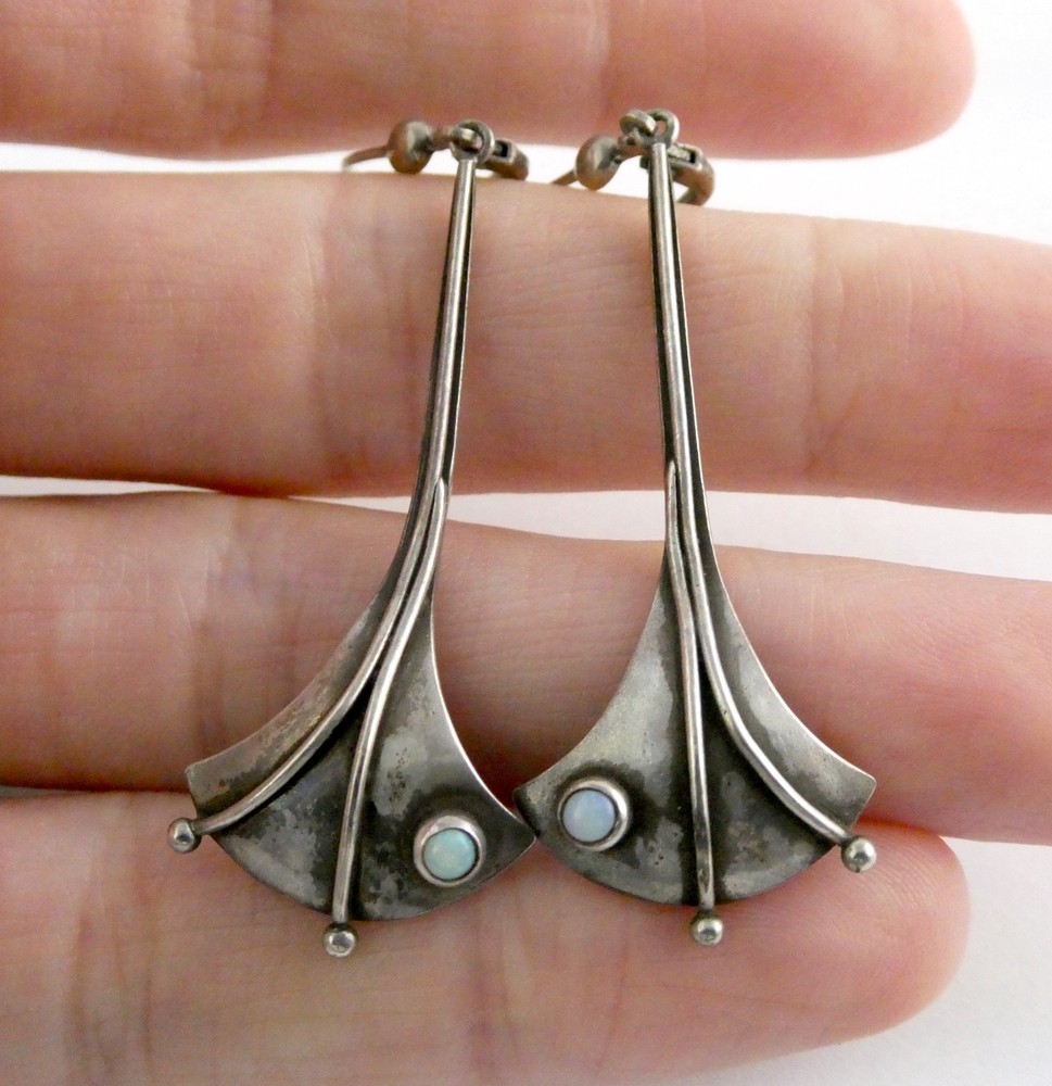 Vintage Artisan AB Signed Sterling Silver Opal Cabochon Earrings 5.2g 2.5 Inches
