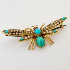 Antique Art Nouveau 15k Gold Dragonfly Pin Brooch Turquoise Pearl Ruby Victorian