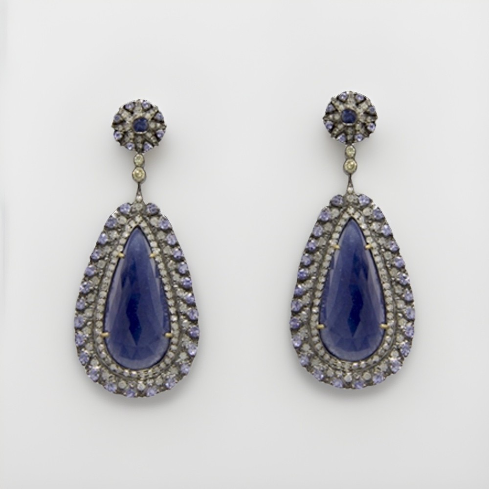 Vintage style Sapphire, Tanzanite & Diamonds Dangle Drop Earrings Silver