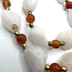 VTG White Jadeite & Carnelian Bead Necklace 29in Gemstone Nugget Strand TESTED