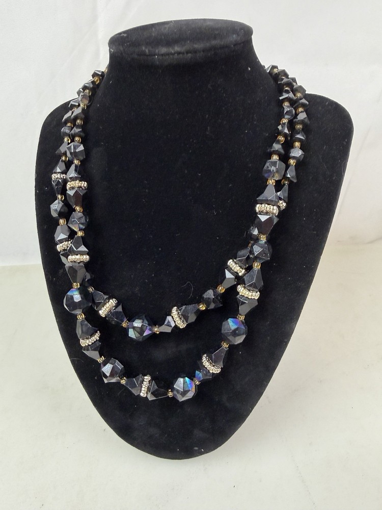 Vintage West Germany Double Strand Black Glass Bead Necklace AB Rhinestones