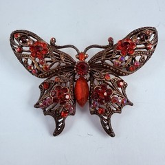 Vintage 90s to More Modern Red AB Rhinestone Copper Tone Butterfly Brooch