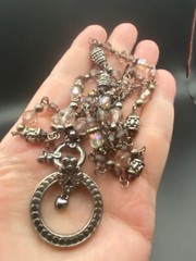 Vintage-Inspired Necklace Silver Tone Chain Beaded Circle Pendant Lobster Clasp