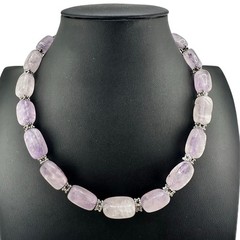 Boho Polished Amethyst Natural Stone Bali Beads Silver Tone 19″ Necklace