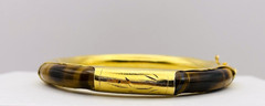 Vintage Asian Style Tiger’s Eye Gold Tone Hinged Bangle Bracelet