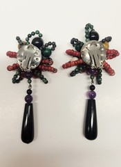 Gaetano Fazio Very Rare Jade, Cornelian, Tiger Eye Bead Brooch/Clip-on Earrings