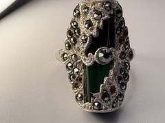 Vintage Onyx Jade Marcasite Art Deco Sterling Silver Ring Size 5.25 5.52 Grams