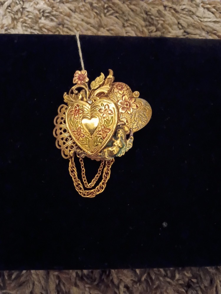 Women’s Handmade Custom Heart And Locket Brass And Copper Brooch