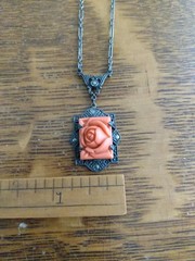 Antique coral colored Rose molded glass & Sterling Deco Necklace Pendant