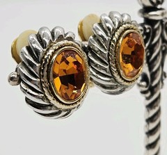 Vintage Clip on Earrings Orange Crystal Cable Twist Two tone Gold Silver .75 in