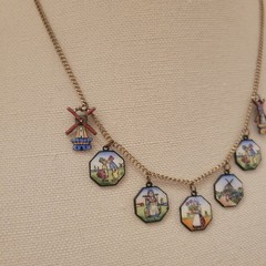 Antique Vintage Dutch Necklace Enamel Copper Charms Souvenir HollandNetherlands